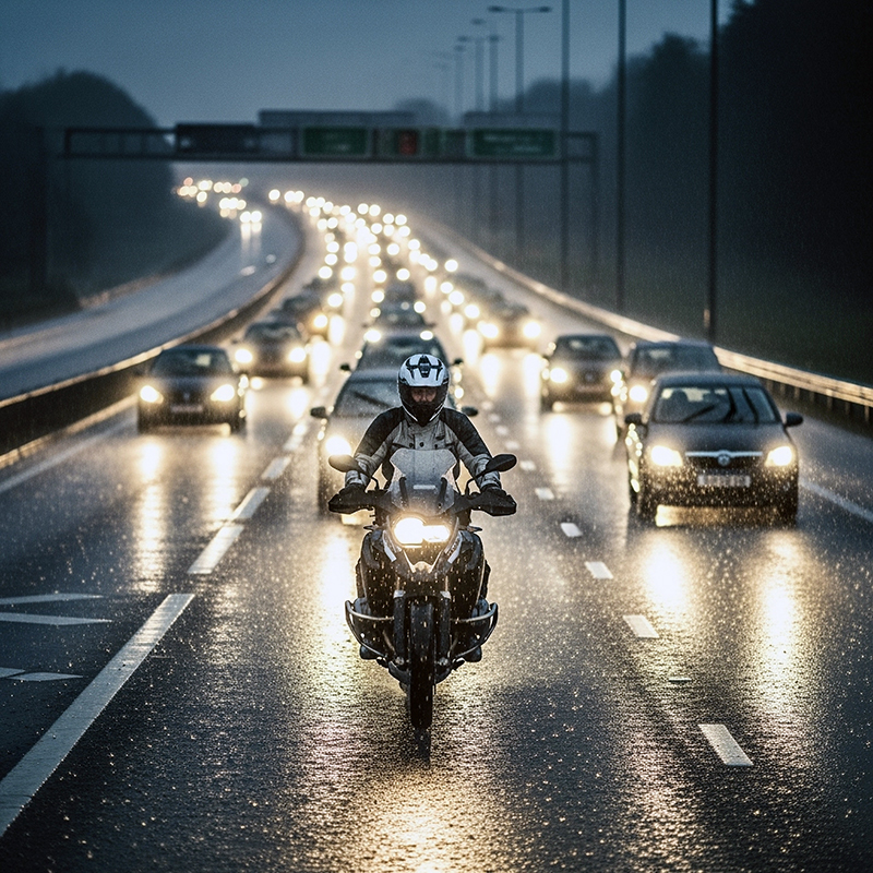 Guy riding motorcycle in poor conditions at night on motorway